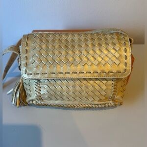 Vintage Gold Woven Leather Crossbody Bag w/Tassle